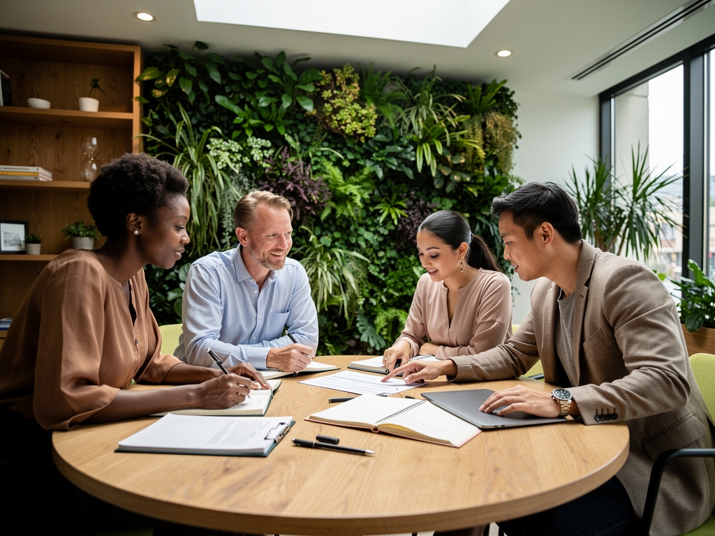 Equipo de Era en Movimiento reunido alrededor de una mesa de trabajo